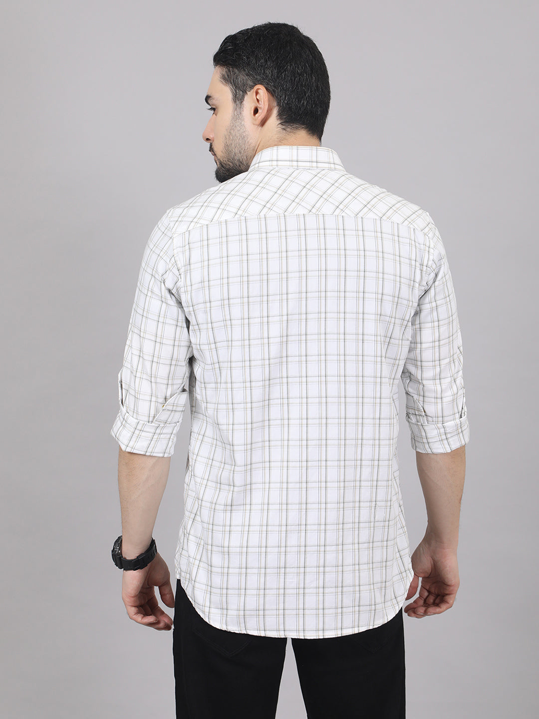 Kompanion Men's White/Beige Checks Shirt