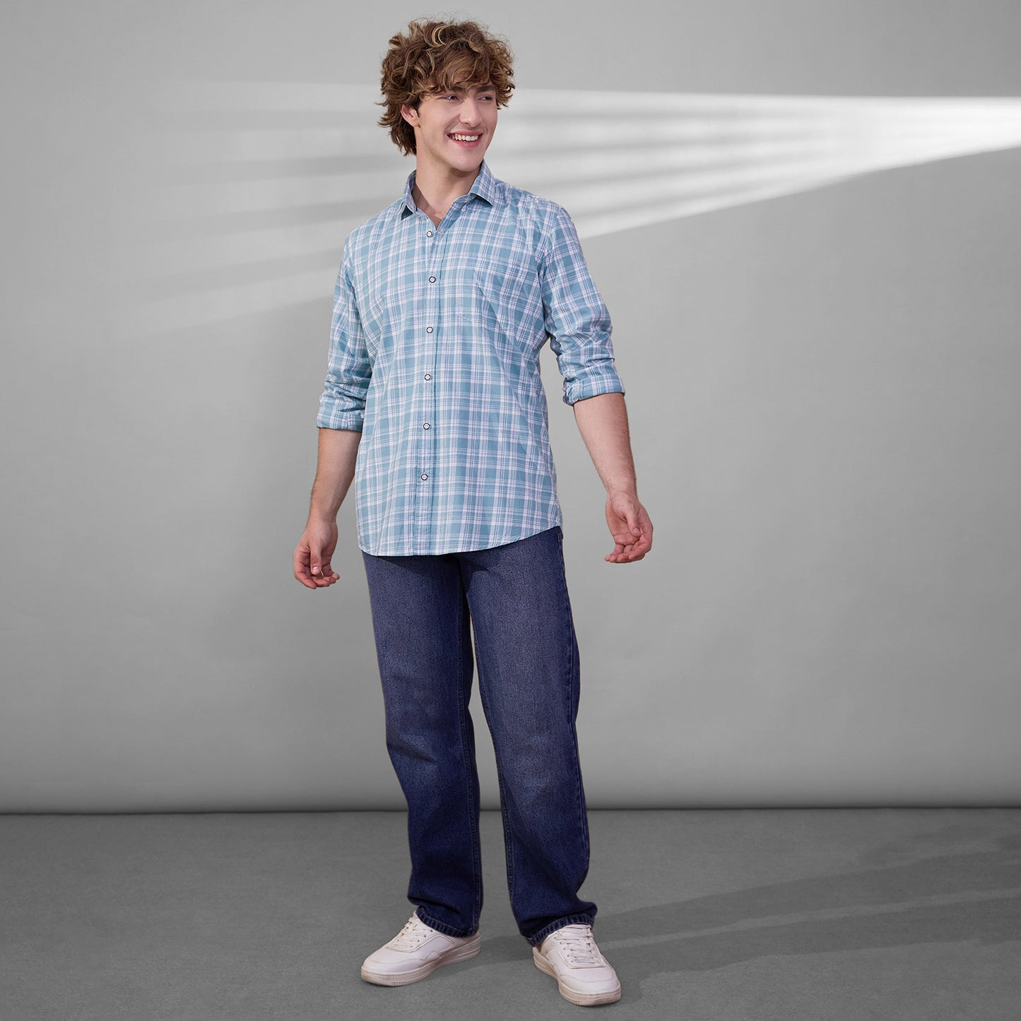 KOMPANION Men's Teal Blue Checks Shirt