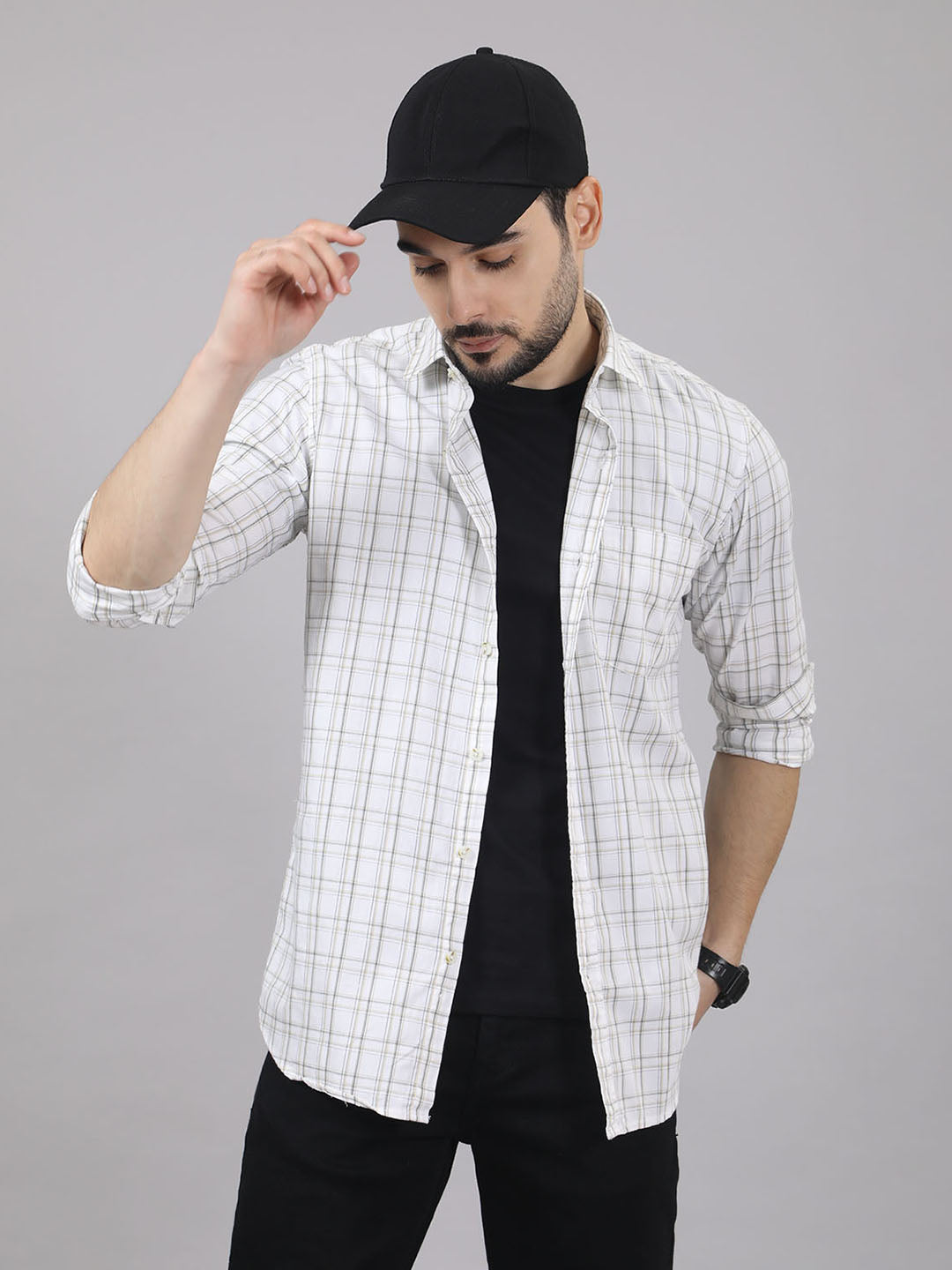 Kompanion Men's White/Beige Checks Shirt