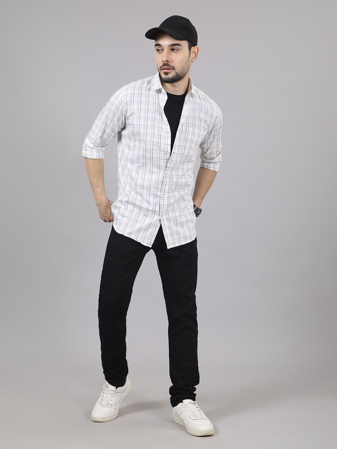 Kompanion Men's White/Beige Checks Shirt
