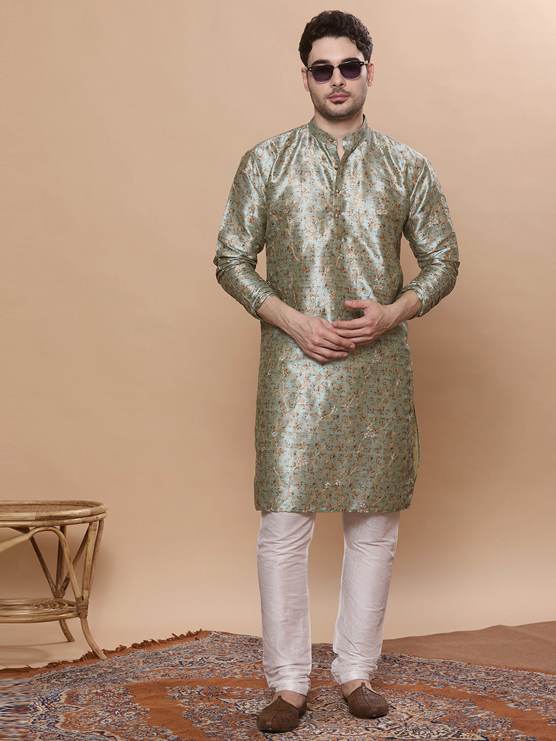 KOMPANION Men's Sea Green Digital print Kurta
