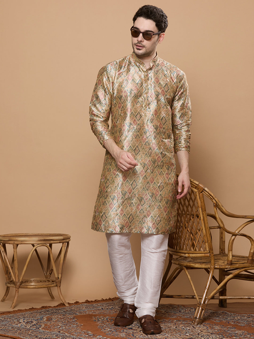 KOMPANION Men's Mehendi Green Digital print Kurta