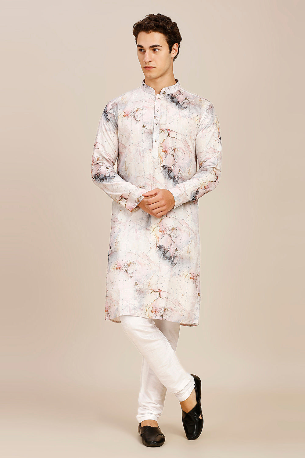 Abstract Print Regular fit Chinese collar Kurta with Full Lining for Men - Grey & Pink