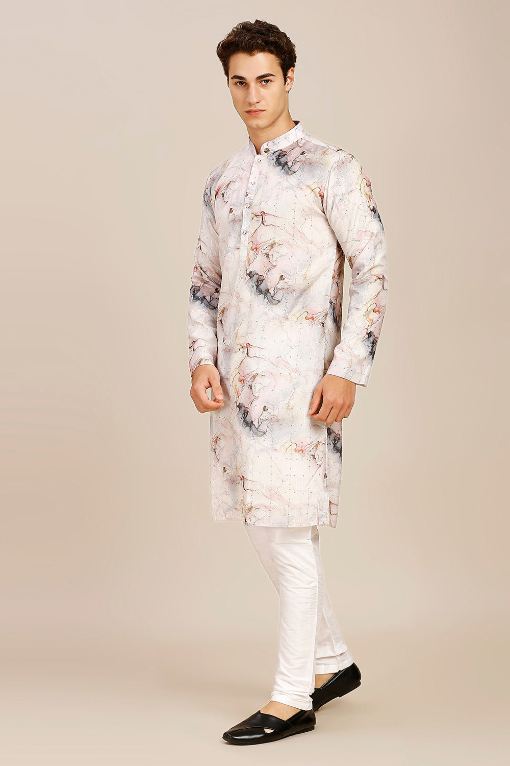 Abstract Print Regular fit Chinese collar Kurta with Full Lining for Men - Grey & Pink