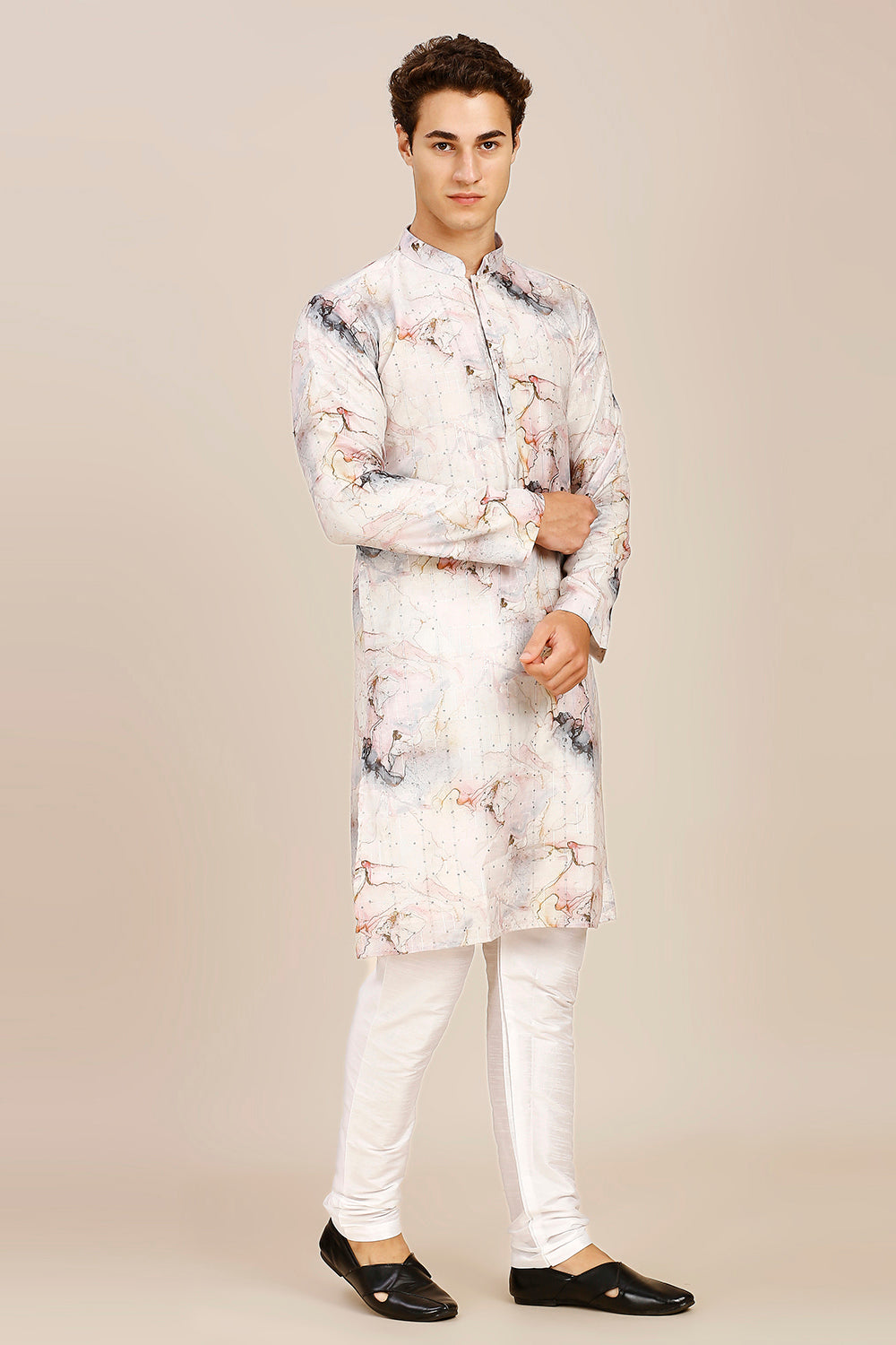 Abstract Print Regular fit Chinese collar Kurta with Full Lining for Men - Grey & Pink