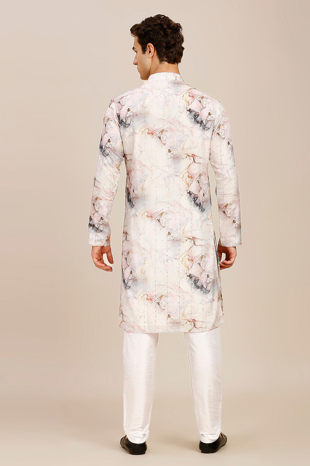 Abstract Print Regular fit Chinese collar Kurta with Full Lining for Men - Grey & Pink