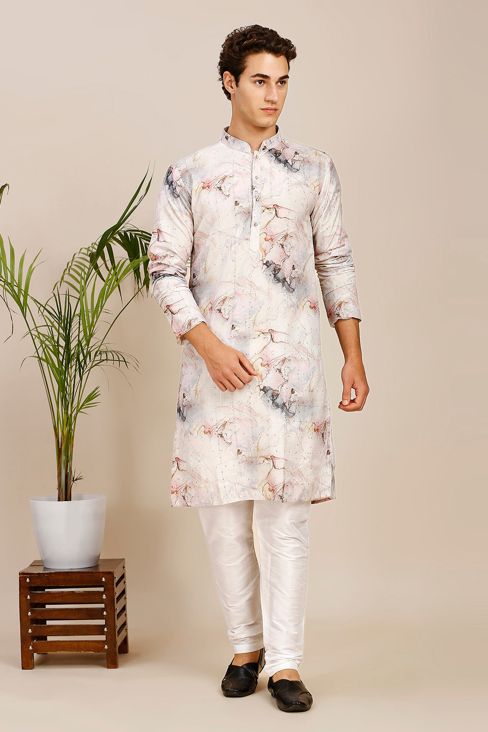 Abstract Print Regular fit Chinese collar Kurta with Full Lining for Men - Grey & Pink