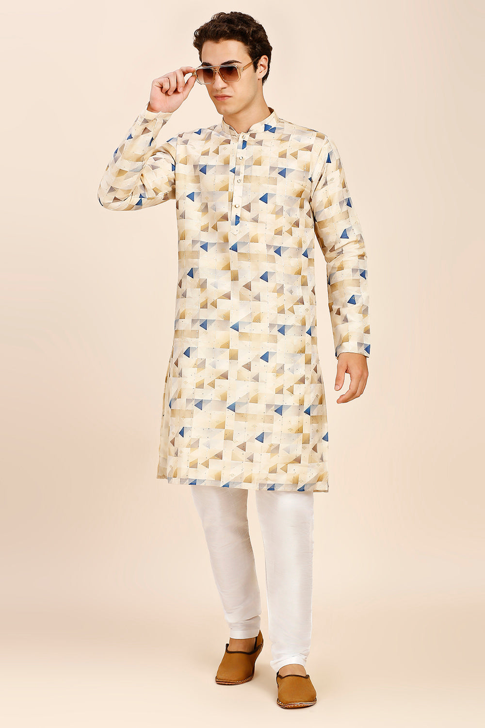 Geometric Print Regular fit Chinese collar Kurta with Full Lining for Men - Beige