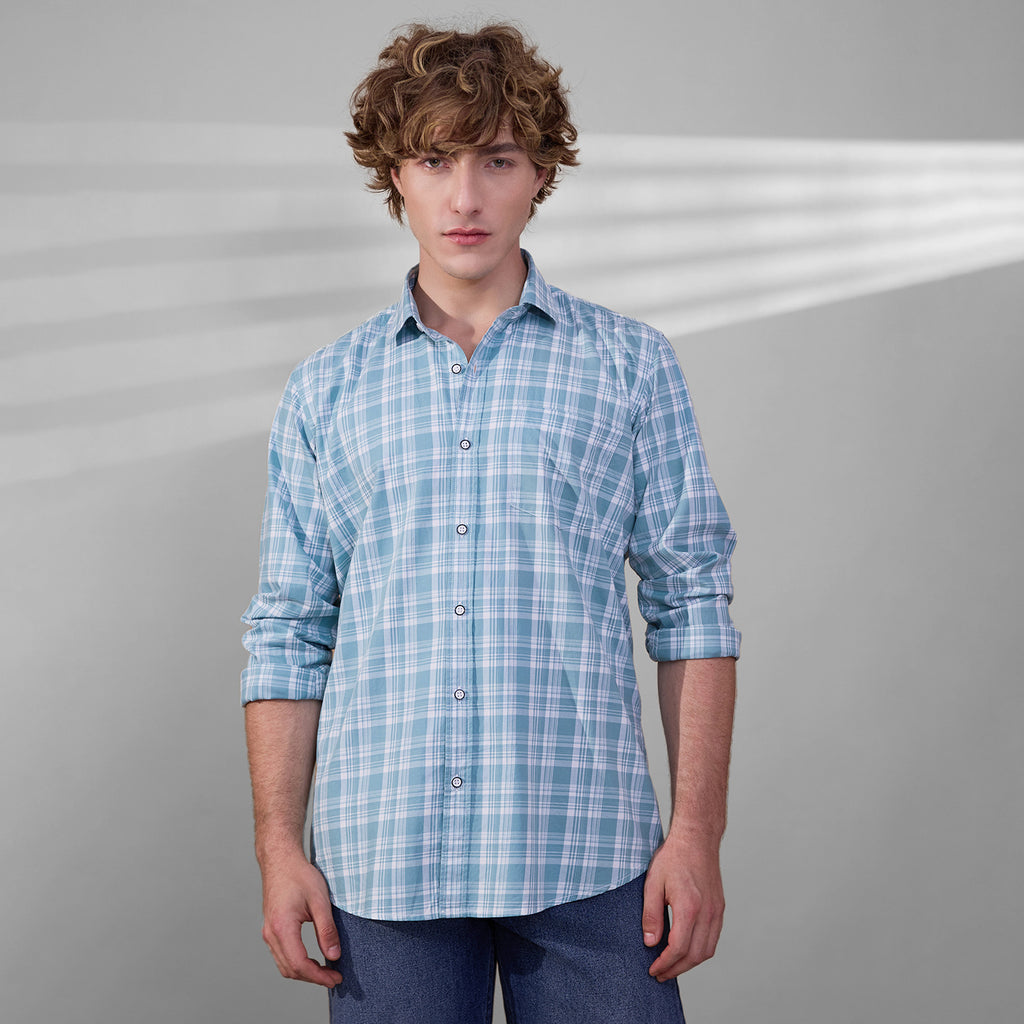 KOMPANION Men's Teal Blue Checks Shirt