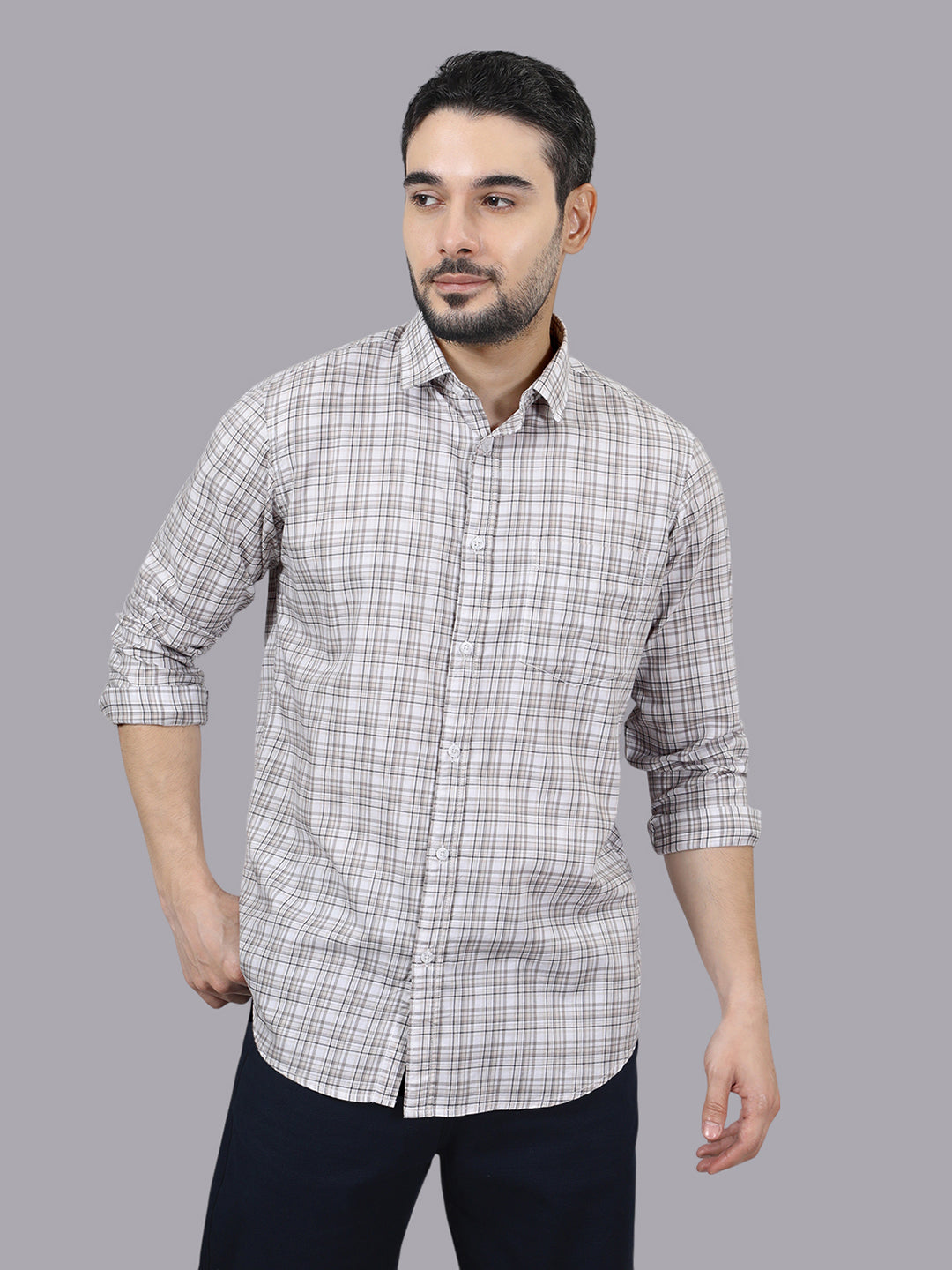 Kompanion Men's Peach/White Checks Shirt