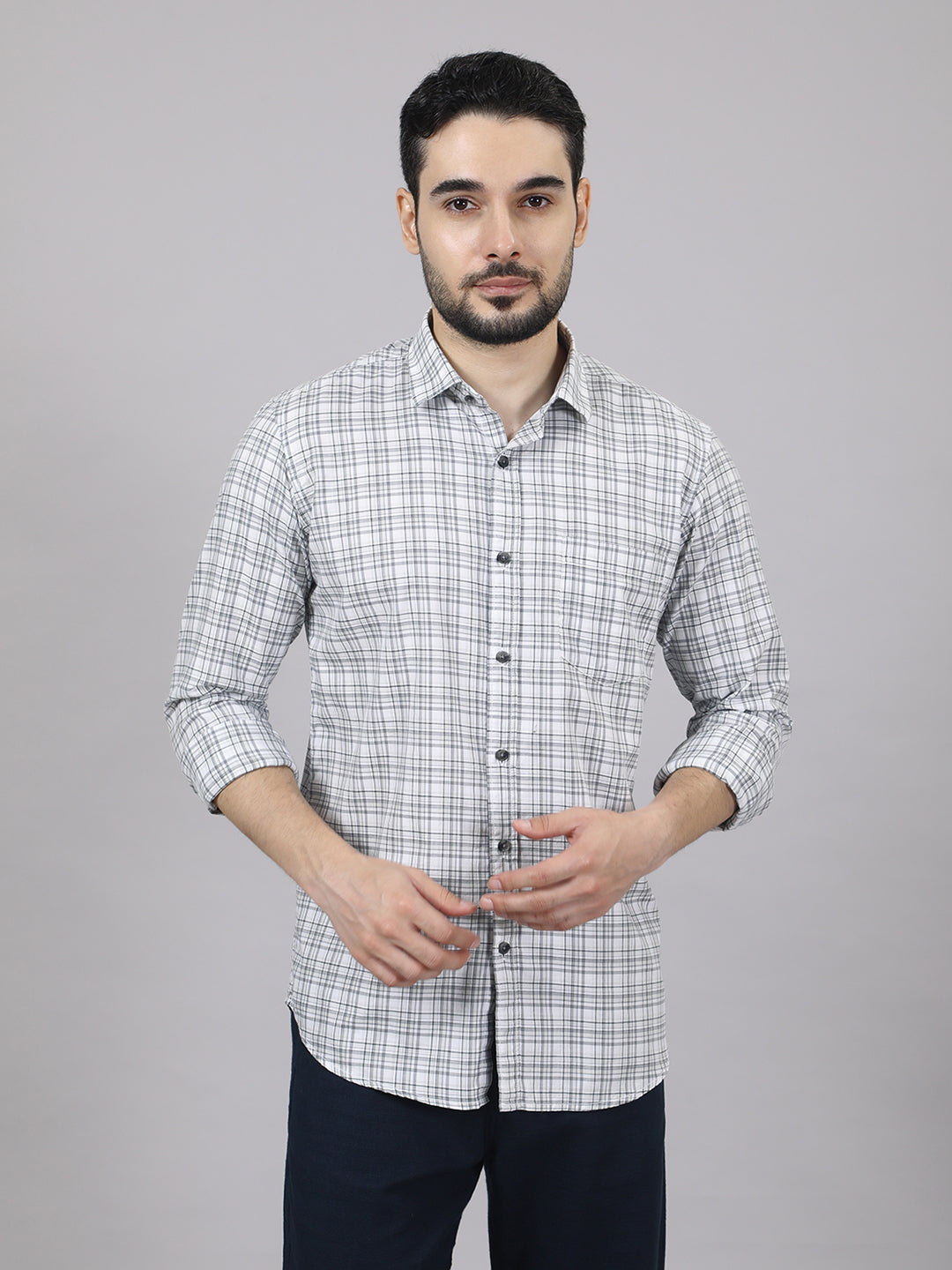 Kompanion Men's Grey/White Checks Shirt