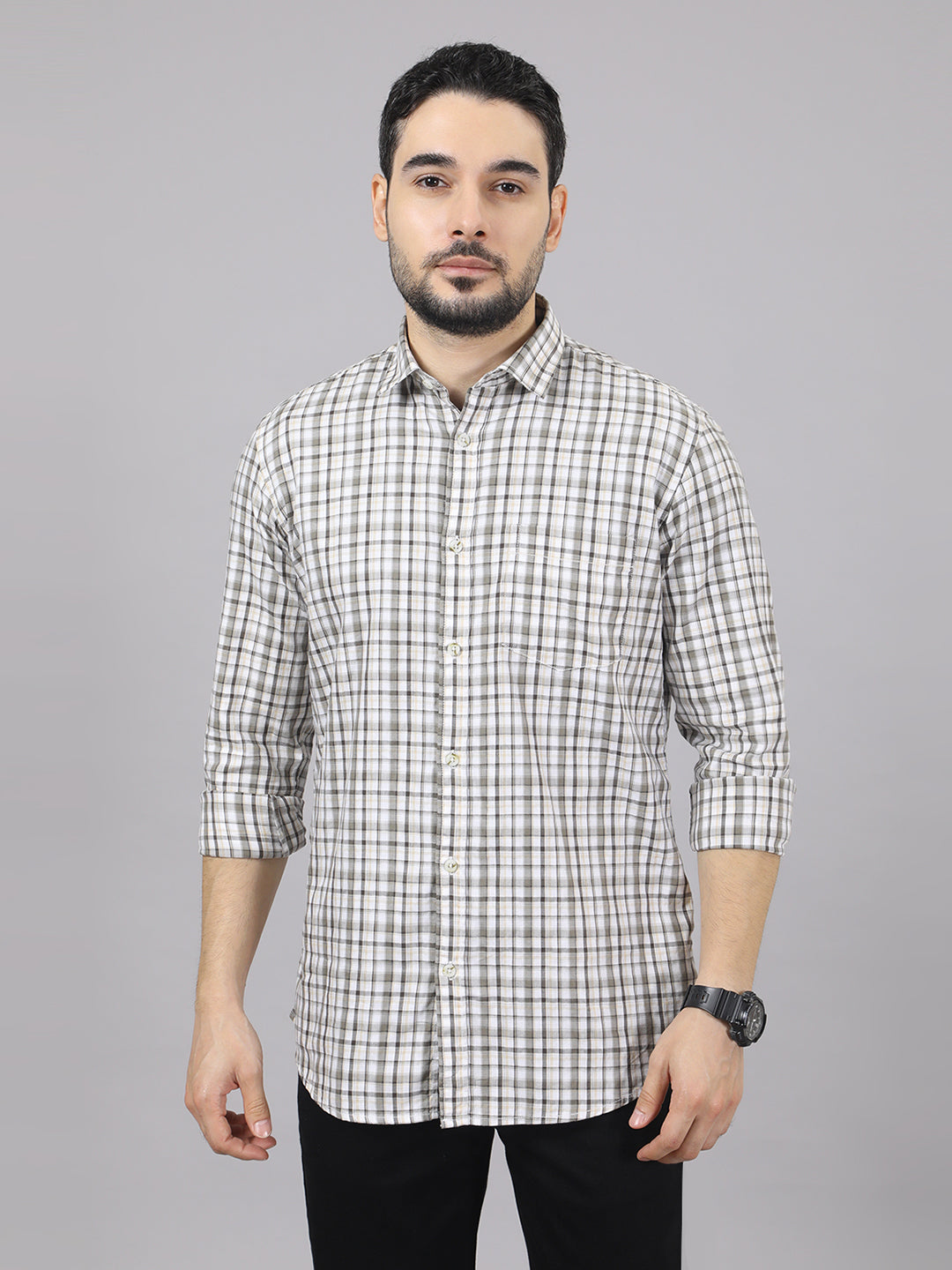 Kompanion Men's Light Brown/White Checks Shirt