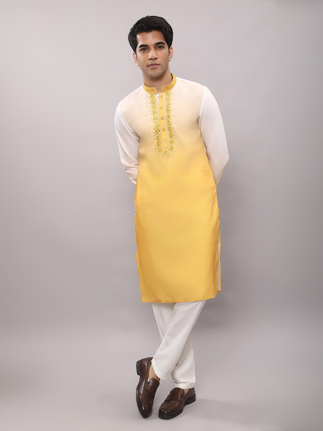 KOMPANION Men's Ombre Style Yellow Kurta