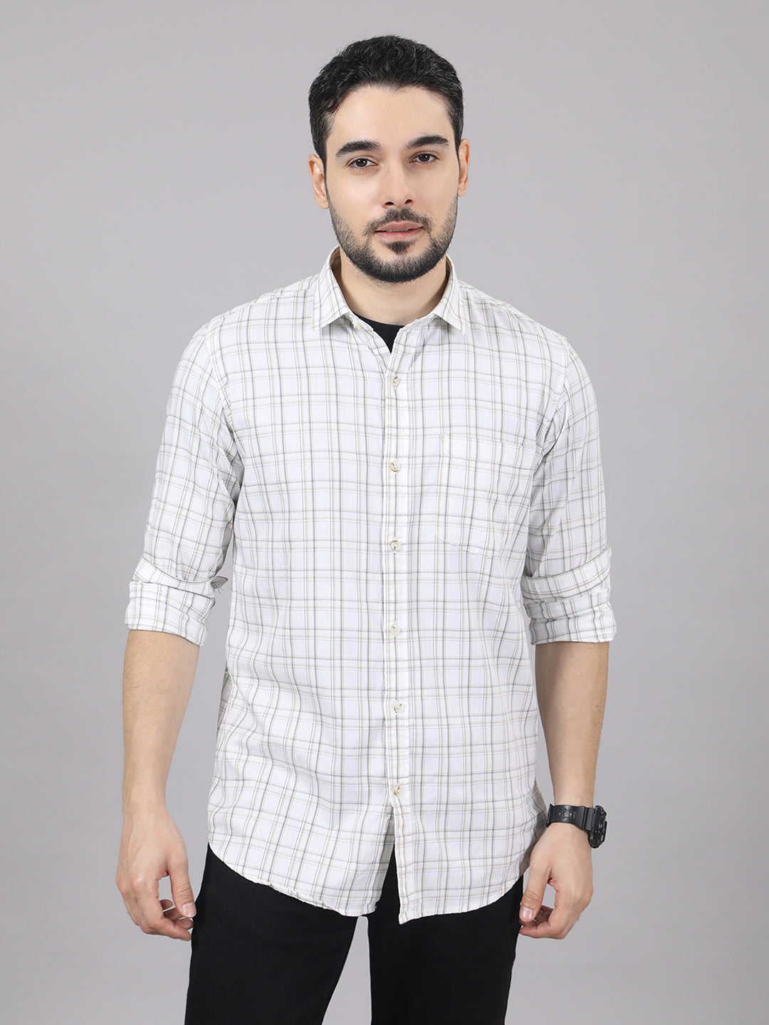 Kompanion Men's White/Beige Checks Shirt