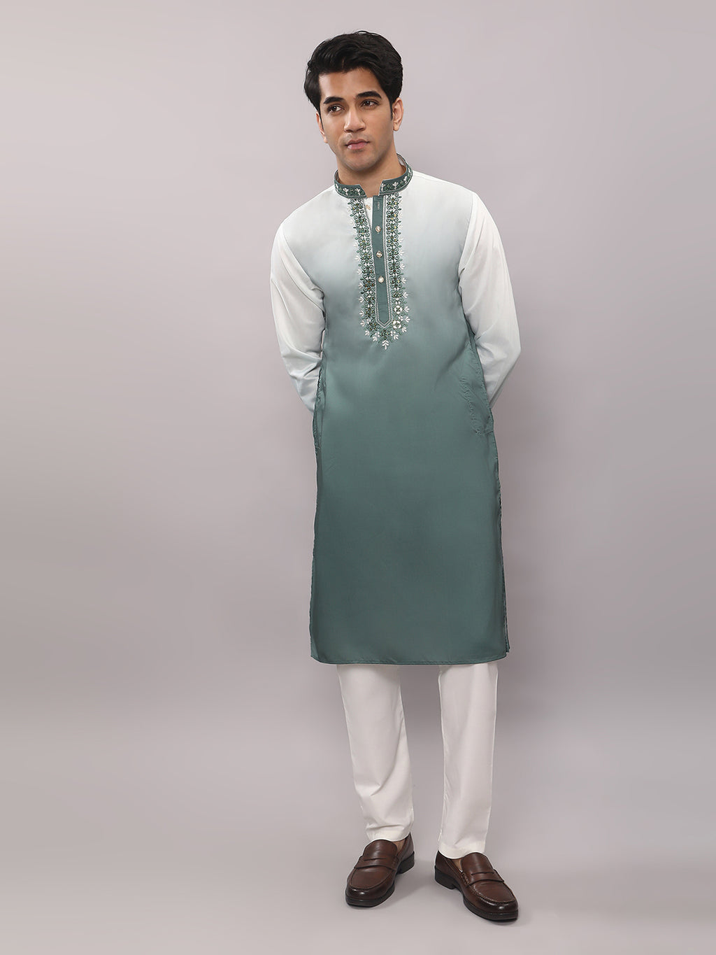 KOMPANION Men's Ombre Style Green Kurta