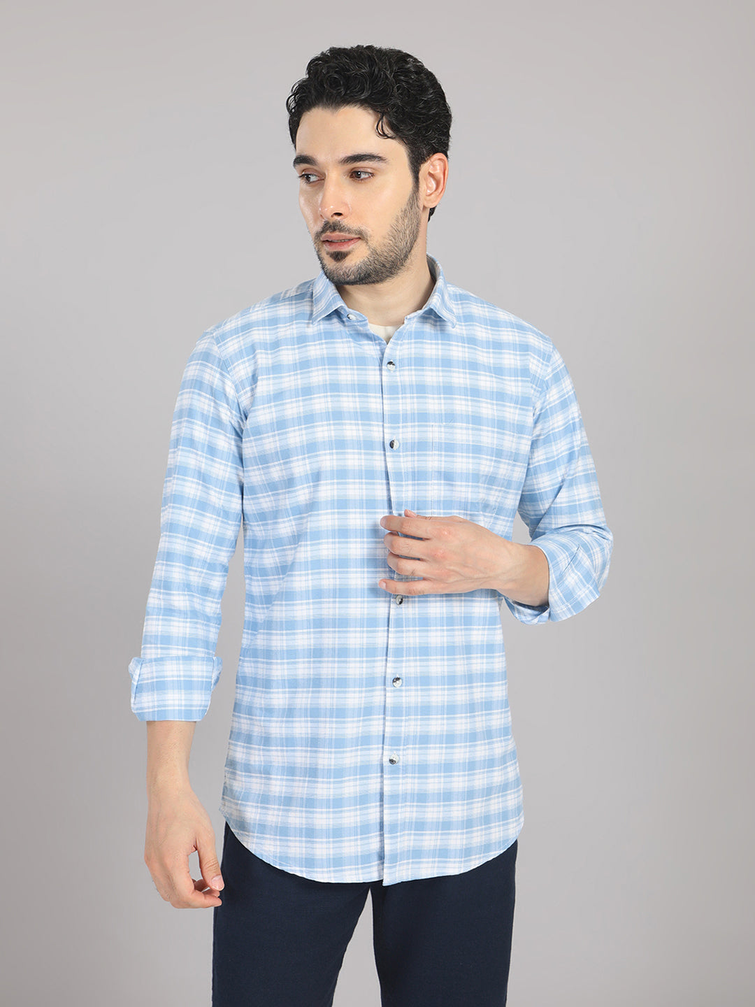 KOMPANION Men's Light Blue Checks Shirt