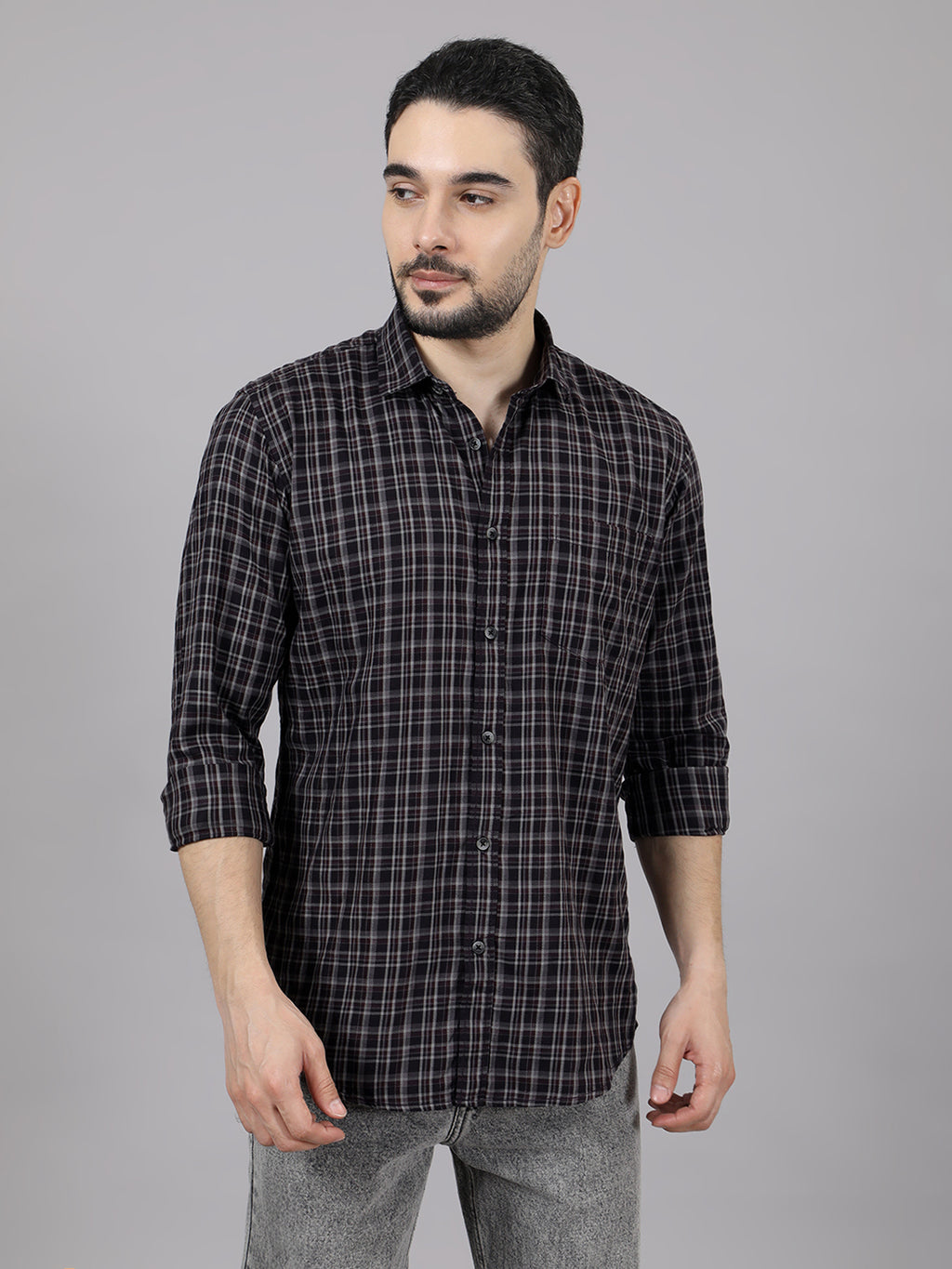 Kompanion Men's Grey/White Checks Shirt
