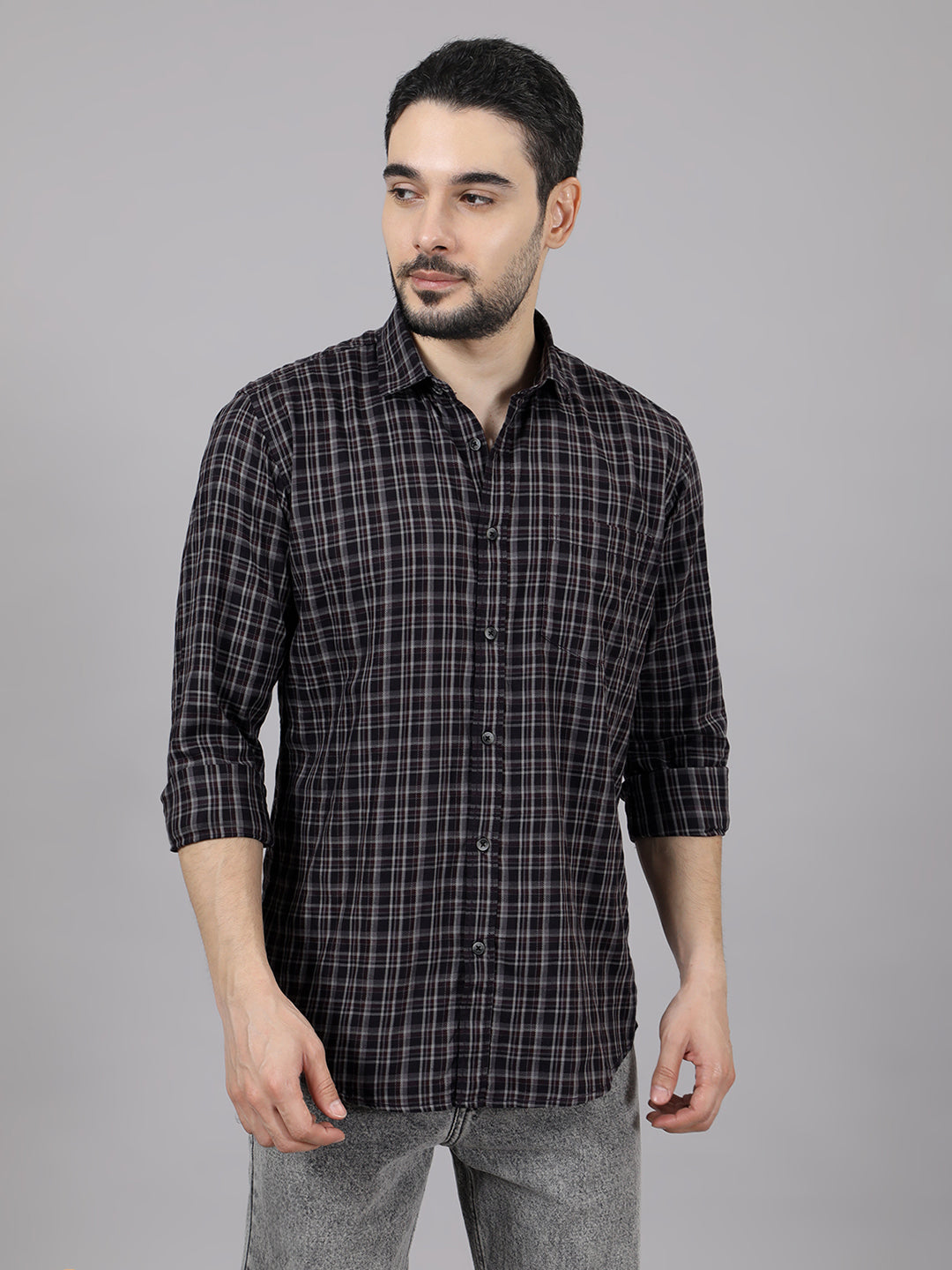 Kompanion Men's Grey/White Checks Shirt