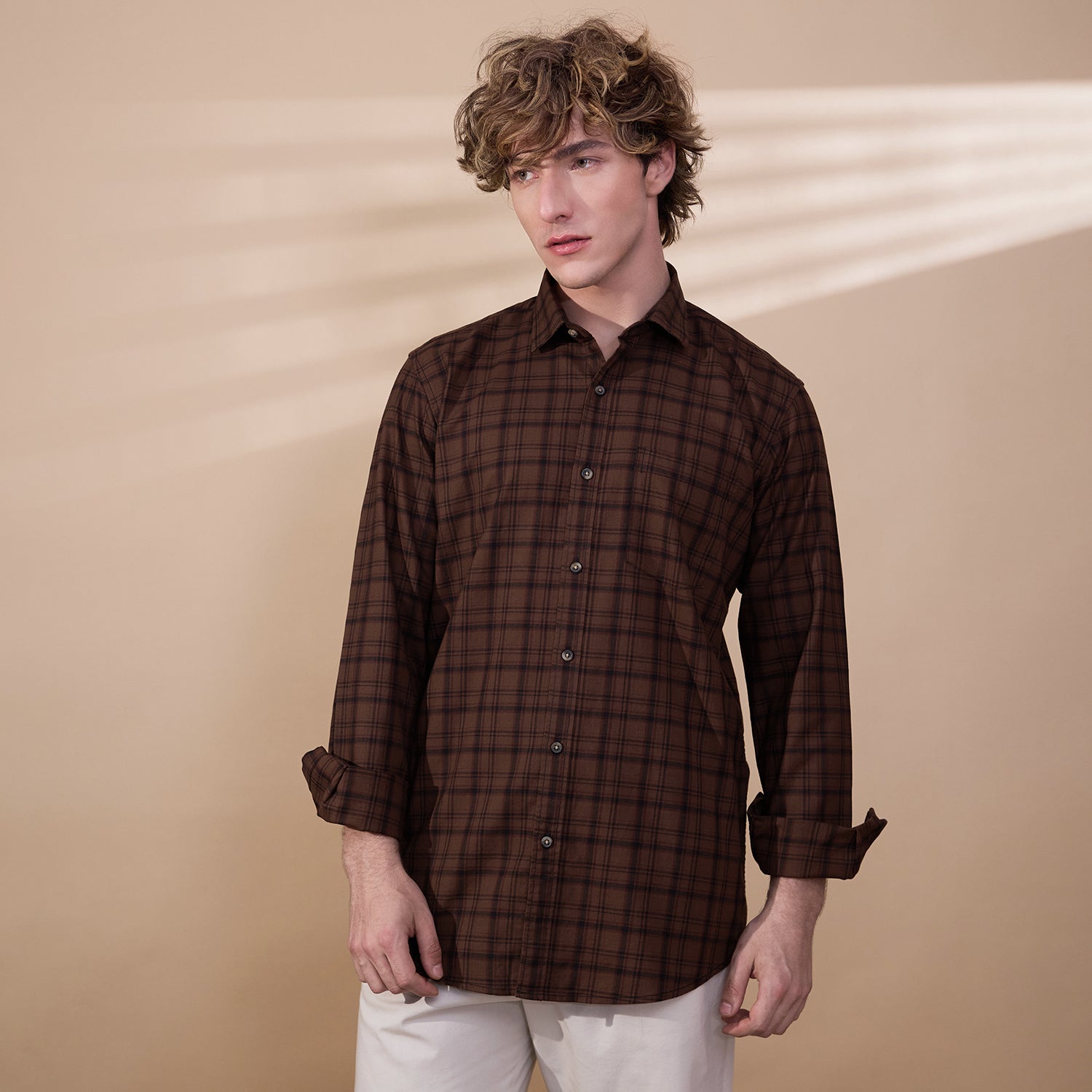 KOMPANION Men's Light Brown Checks Shirt