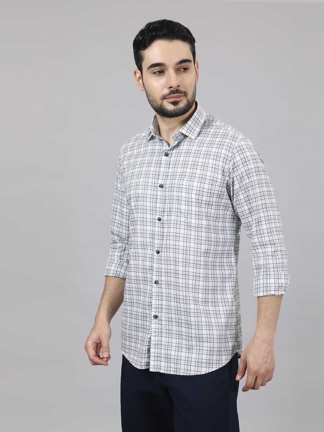 Kompanion Men's Grey/White Checks Shirt