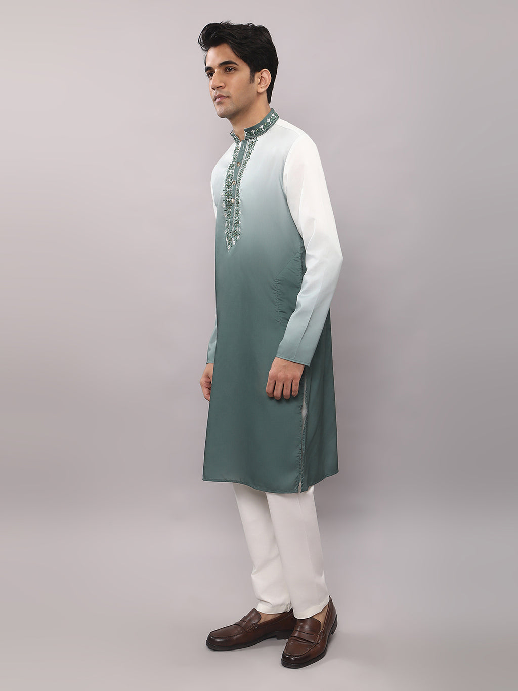 KOMPANION Men's Ombre Style Green Kurta