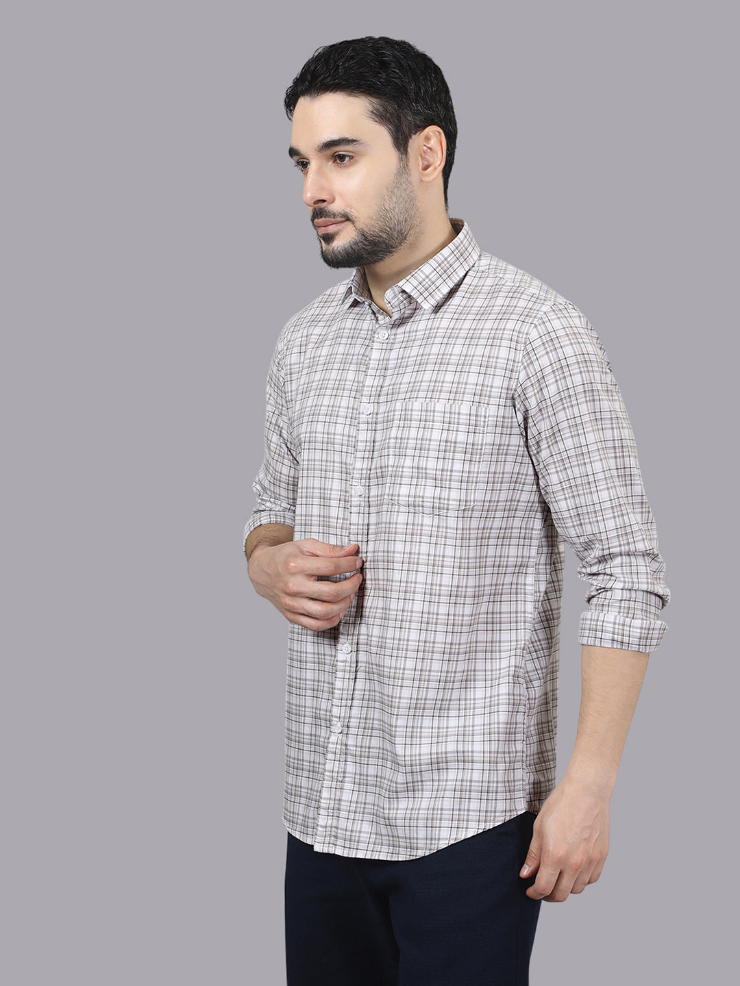 Kompanion Men's Peach/White Checks Shirt