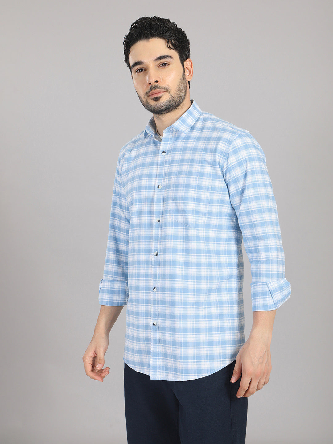 KOMPANION Men's Light Blue Checks Shirt