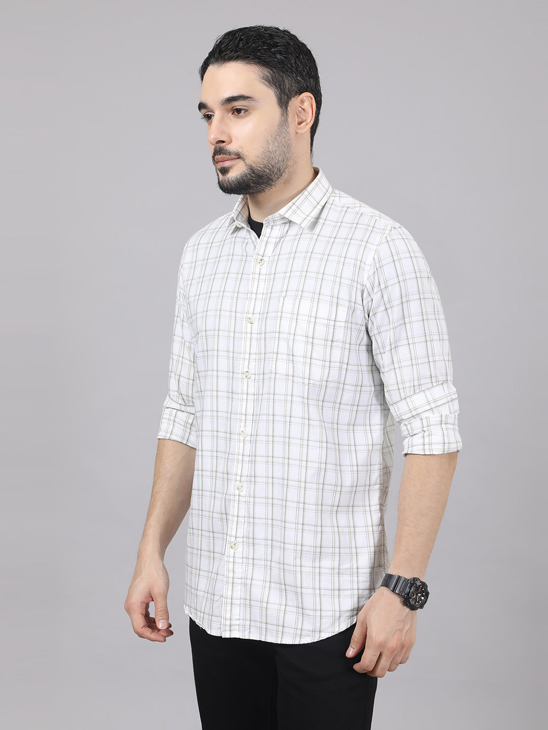Kompanion Men's White/Beige Checks Shirt