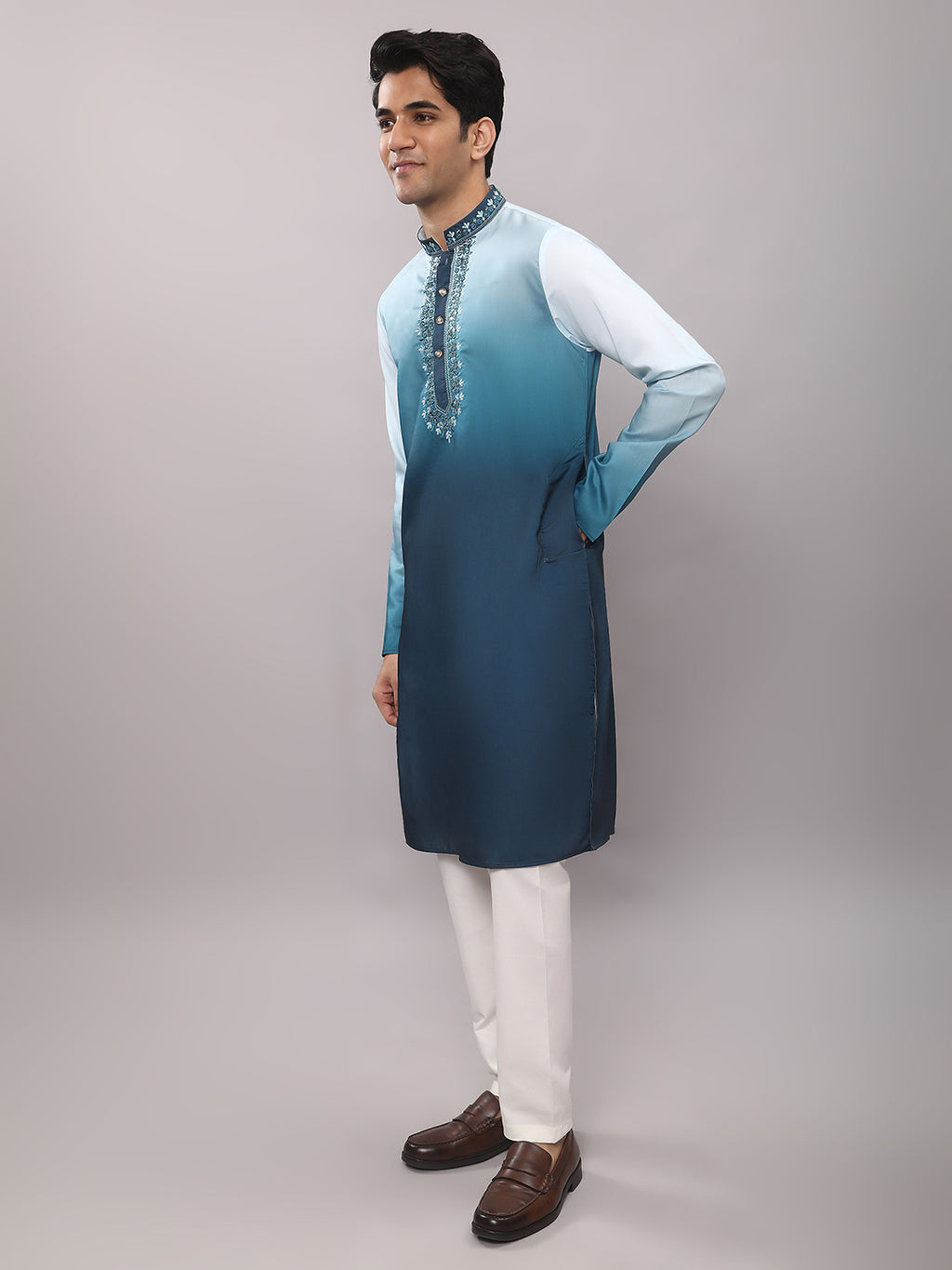 KOMPANION Men's Ombre Style Teal Blue Kurta