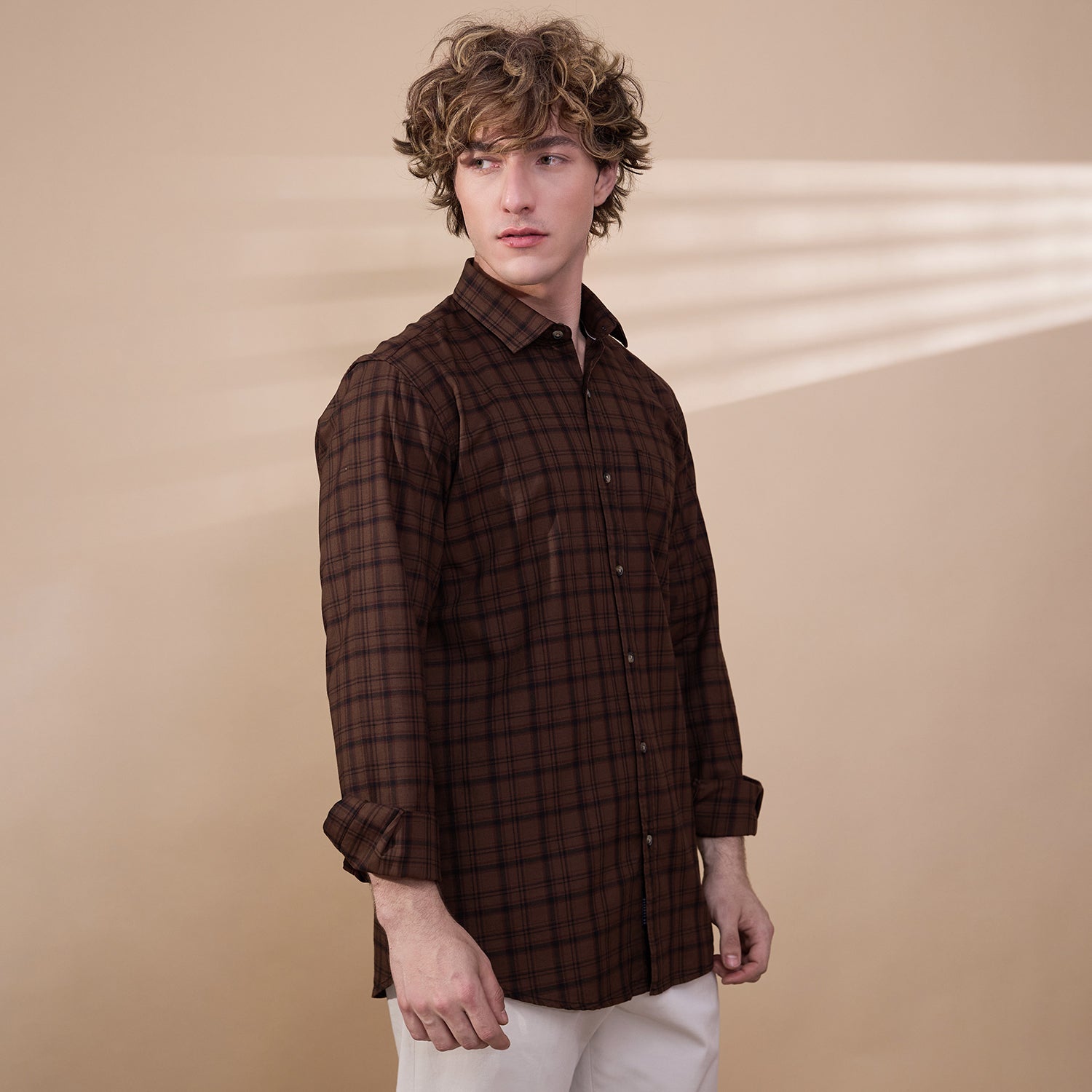 KOMPANION Men's Light Brown Checks Shirt