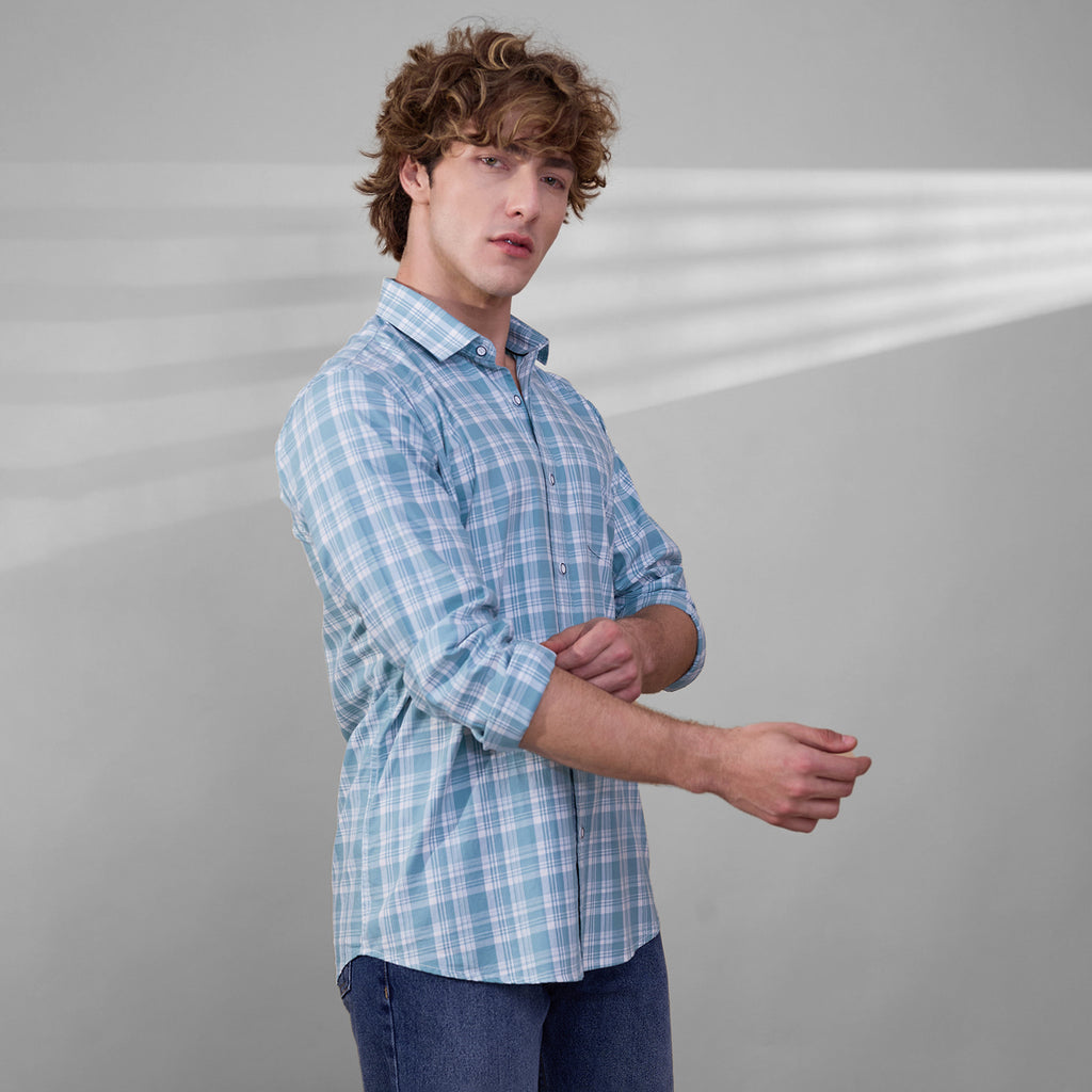 KOMPANION Men's Teal Blue Checks Shirt