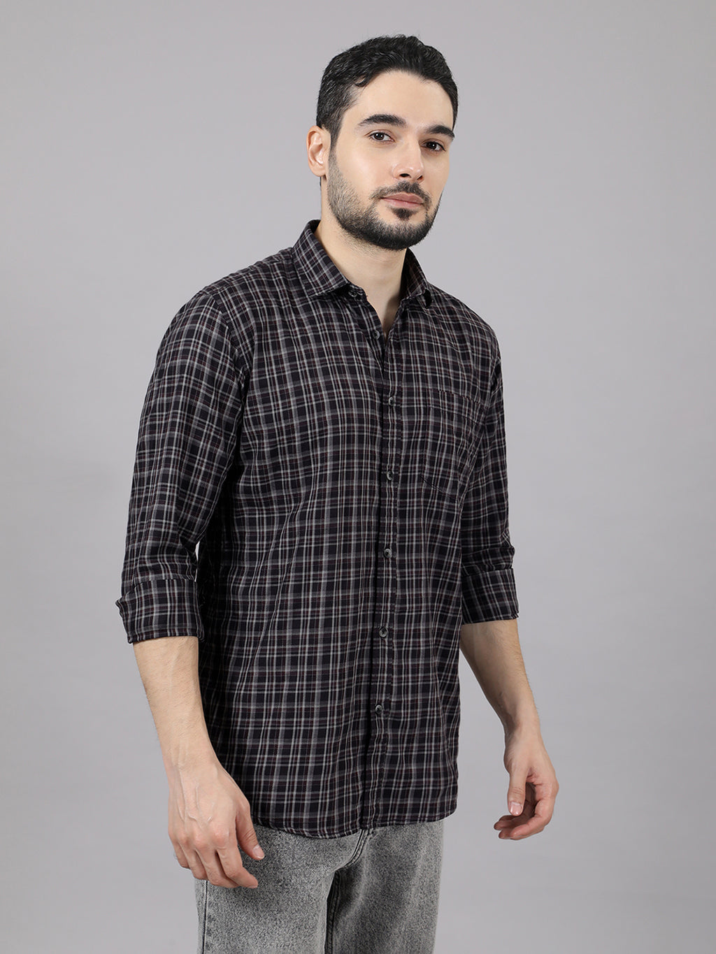 Kompanion Men's Grey/White Checks Shirt