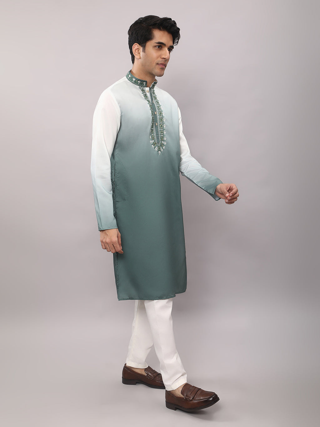 KOMPANION Men's Ombre Style Green Kurta