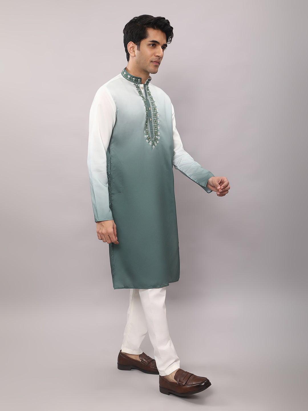 KOMPANION Men's Ombre Style Green Kurta