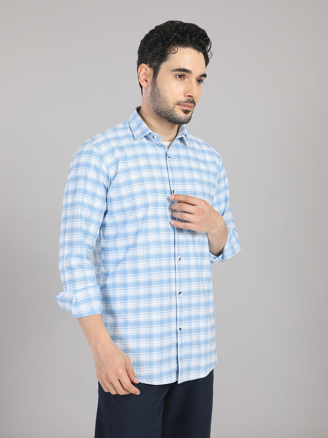 KOMPANION Men's Light Blue Checks Shirt