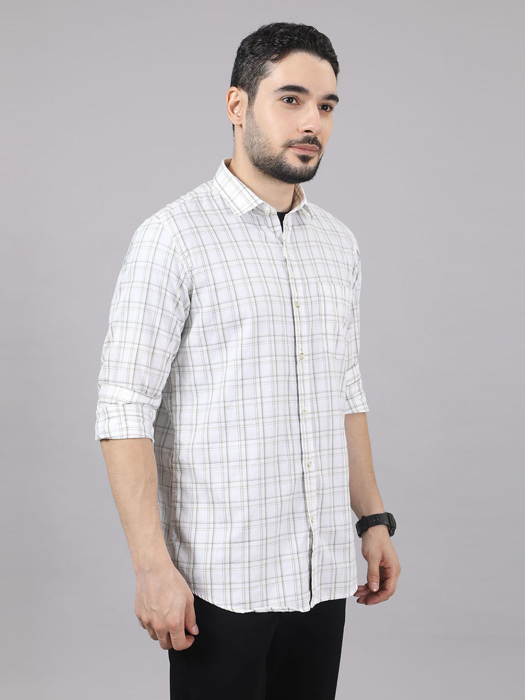Kompanion Men's White/Beige Checks Shirt