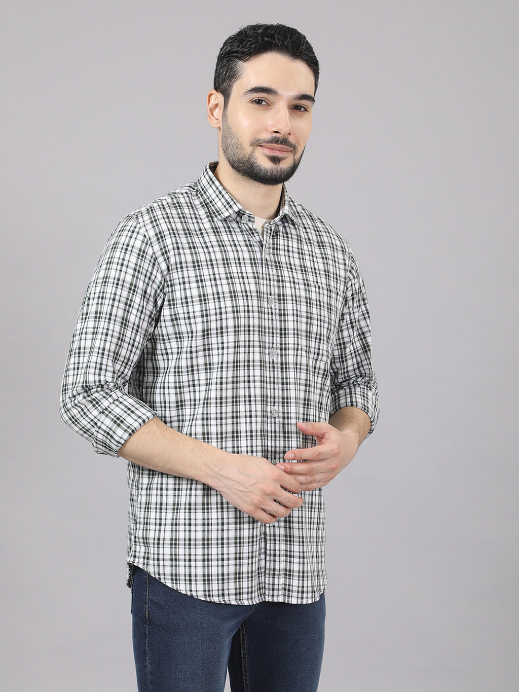 Kompanion Men's Green/White Checks Shirt