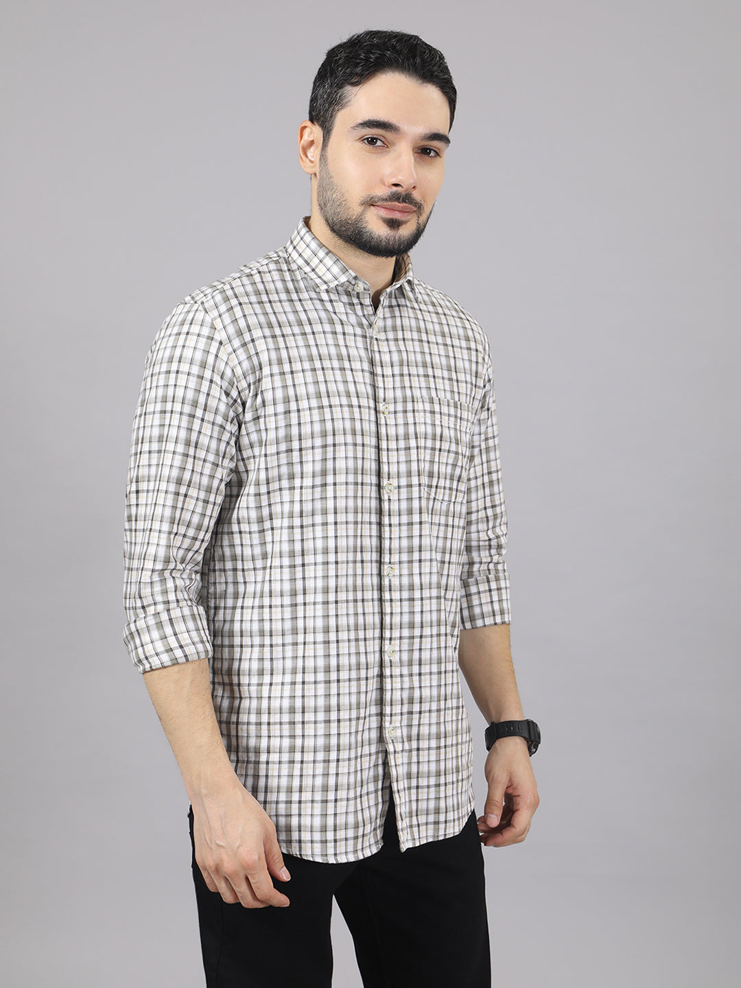 Kompanion Men's Light Brown/White Checks Shirt