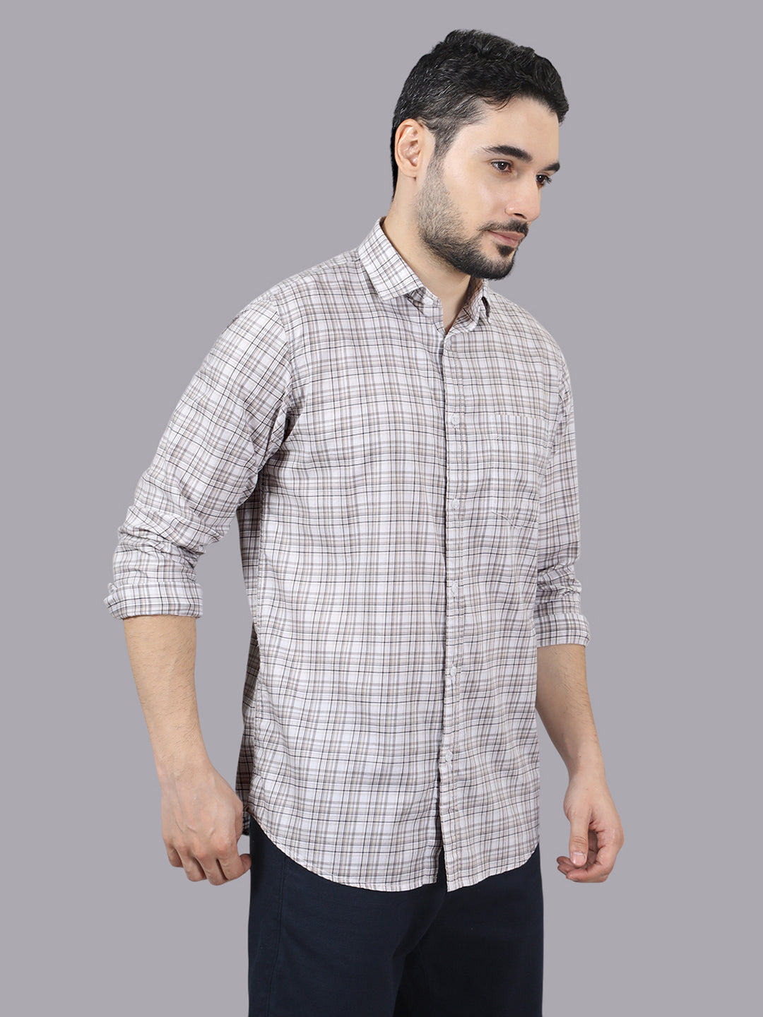 Kompanion Men's Peach/White Checks Shirt