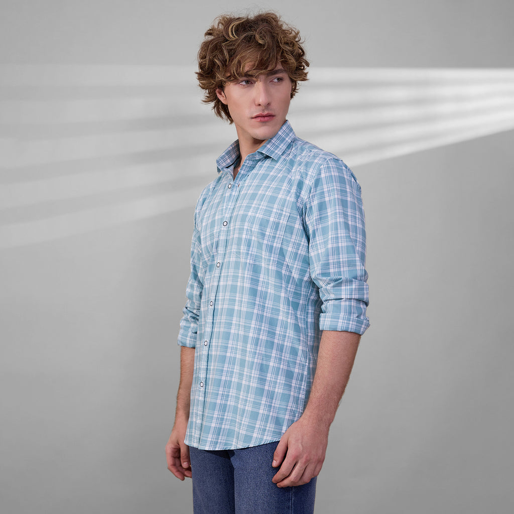 KOMPANION Men's Teal Blue Checks Shirt