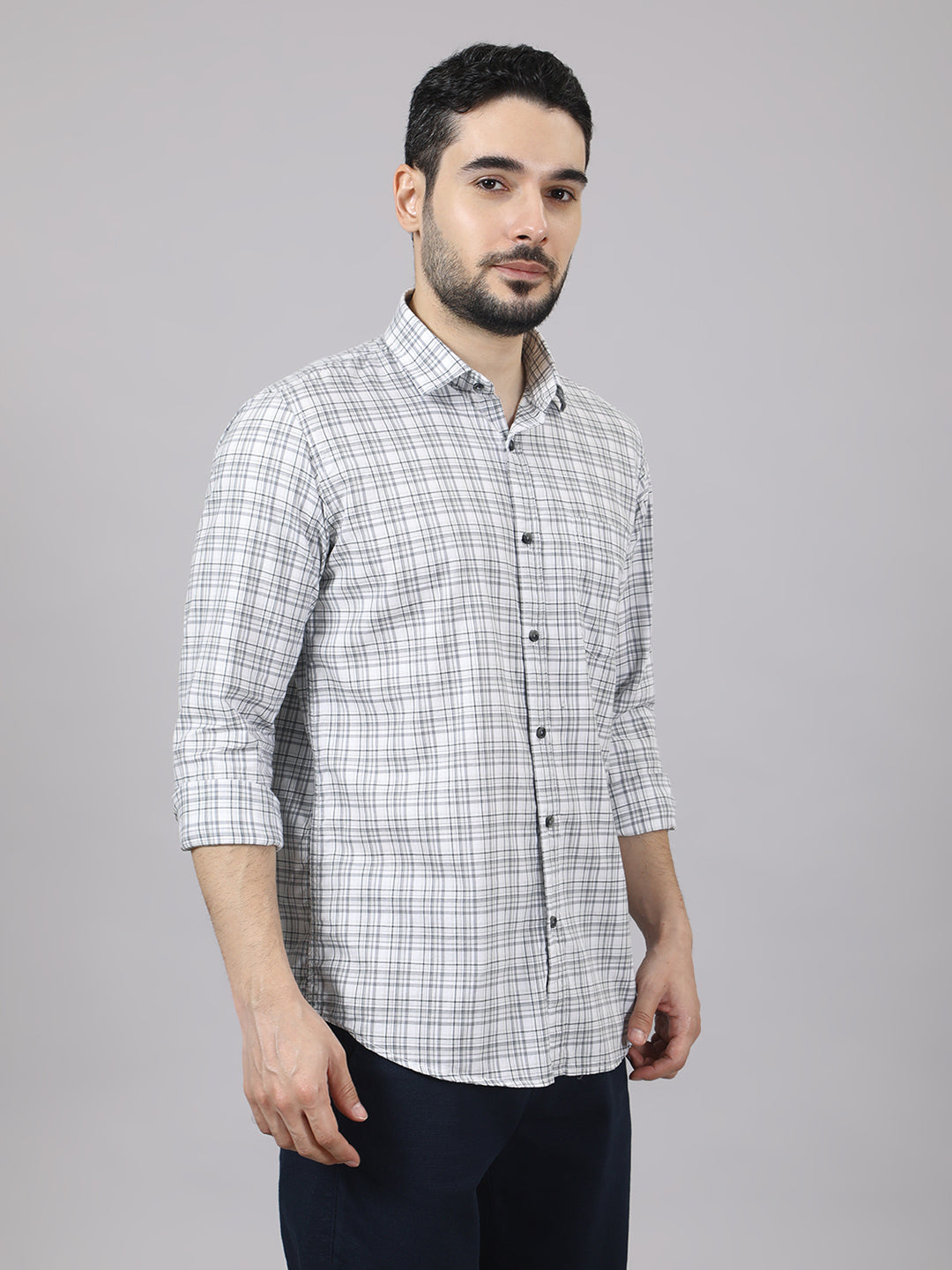 Kompanion Men's Grey/White Checks Shirt