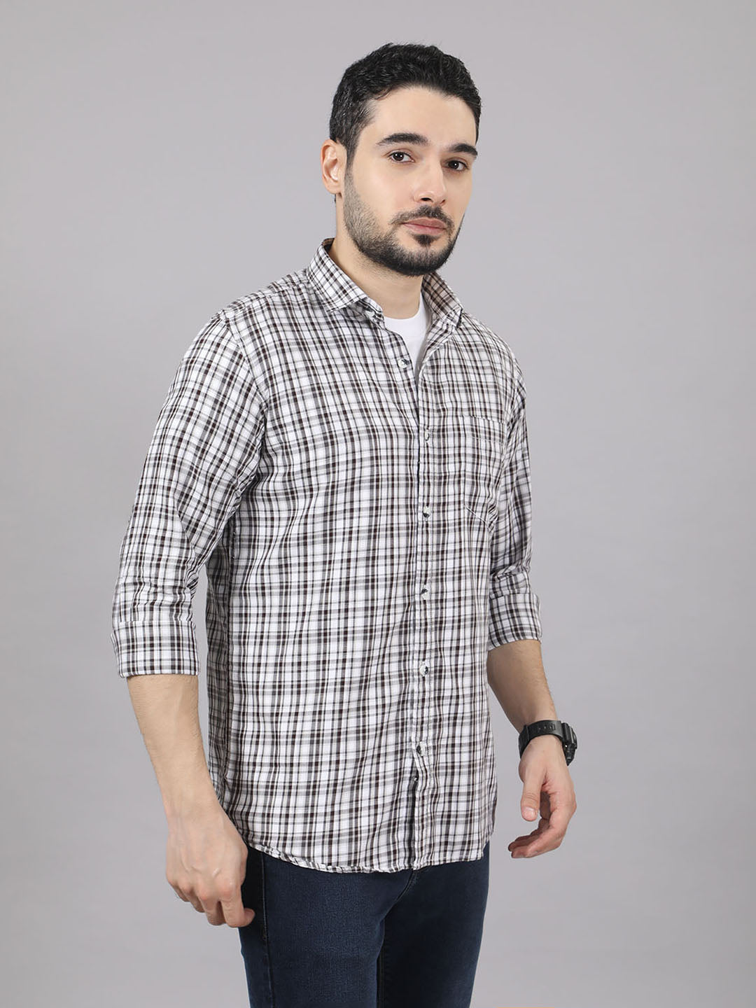 Kompanion Men's Brown/White Checks Shirt