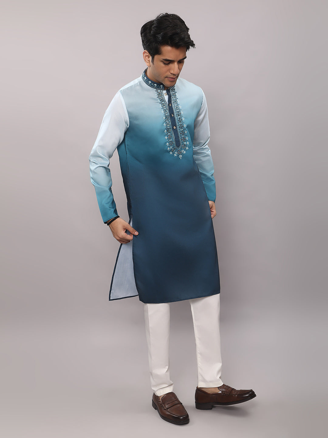 KOMPANION Men's Ombre Style Teal Blue Kurta