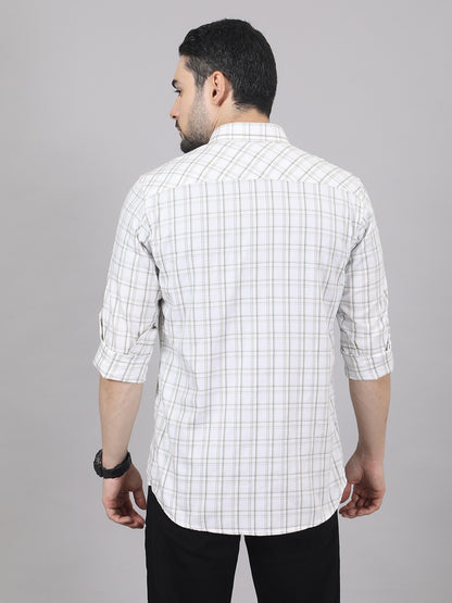 Kompanion Men's White/Beige Checks Shirt