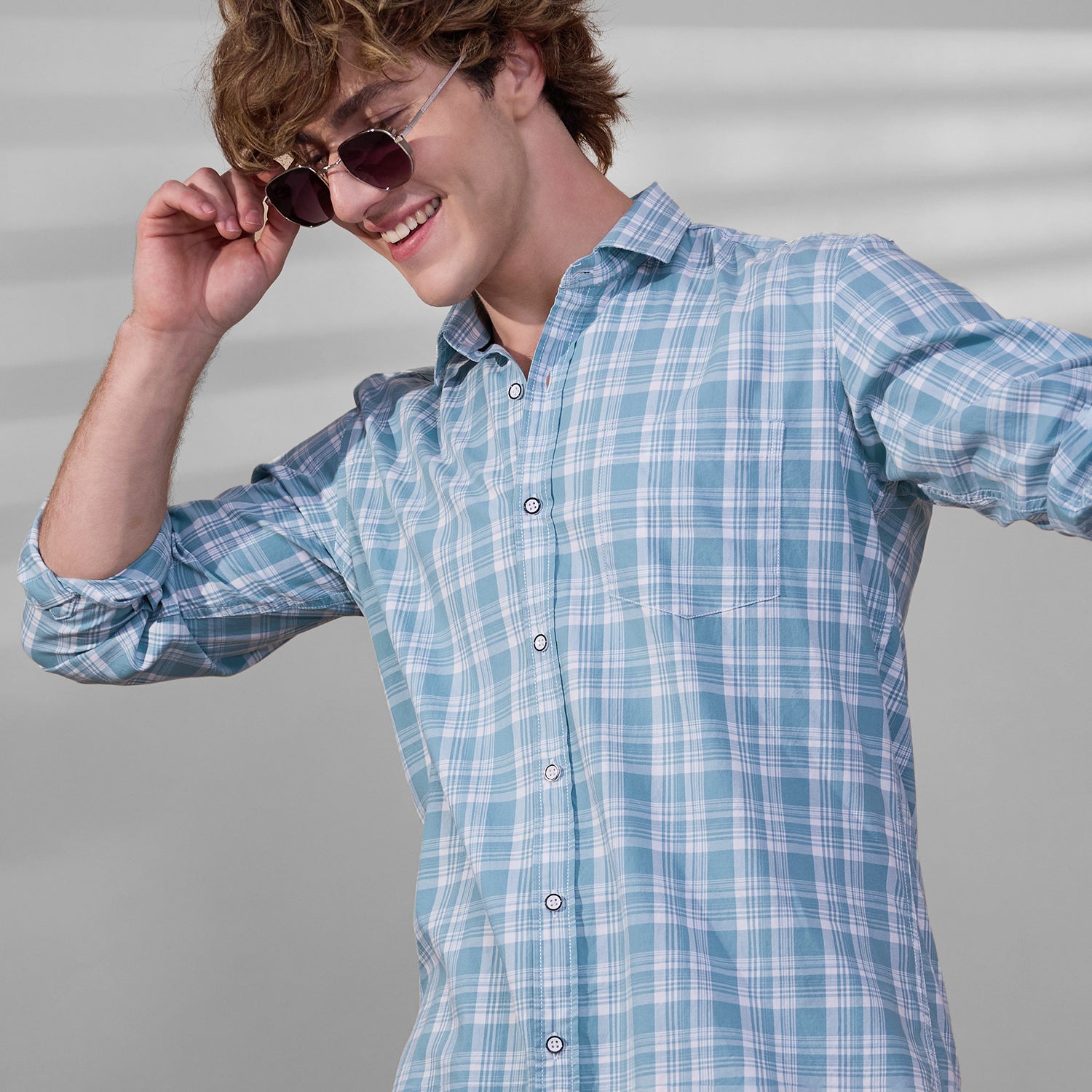KOMPANION Men's Teal Blue Checks Shirt