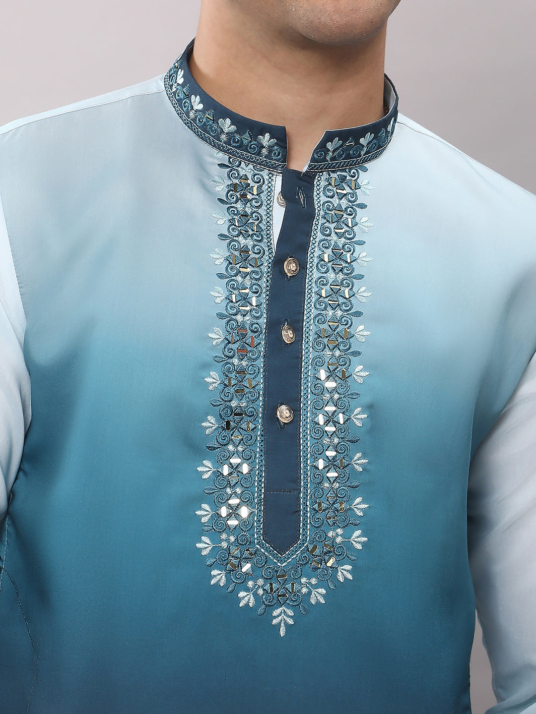 KOMPANION Men's Ombre Style Teal Blue Kurta