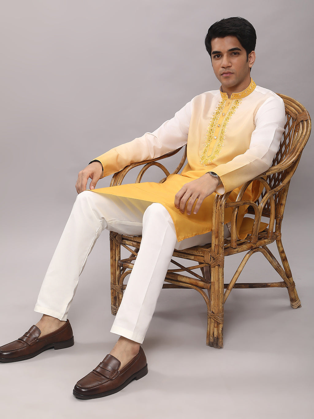 KOMPANION Men's Ombre Style Yellow Kurta