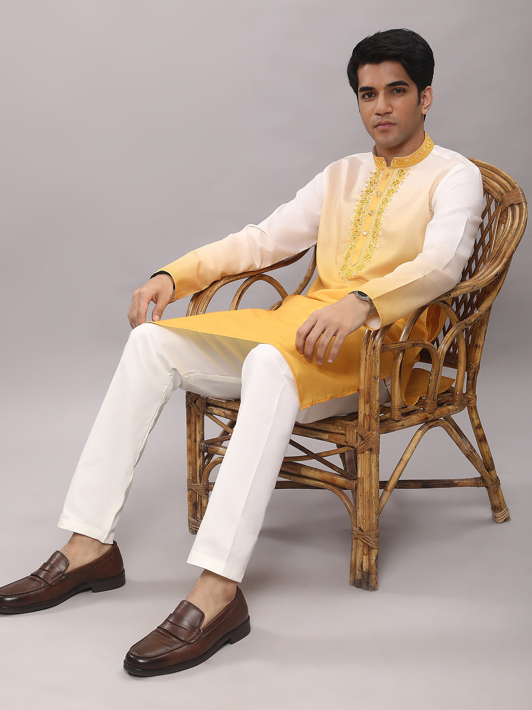 KOMPANION Men's Ombre Style Yellow Kurta