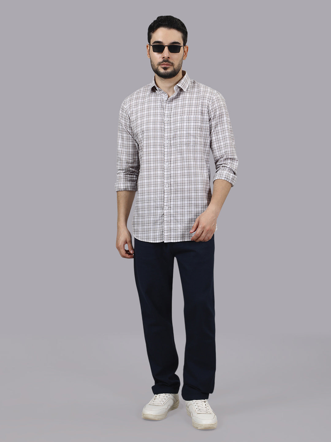 Kompanion Men's Peach/White Checks Shirt