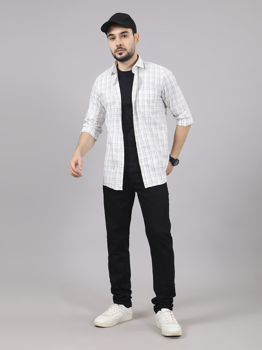 Kompanion Men's White/Beige Checks Shirt